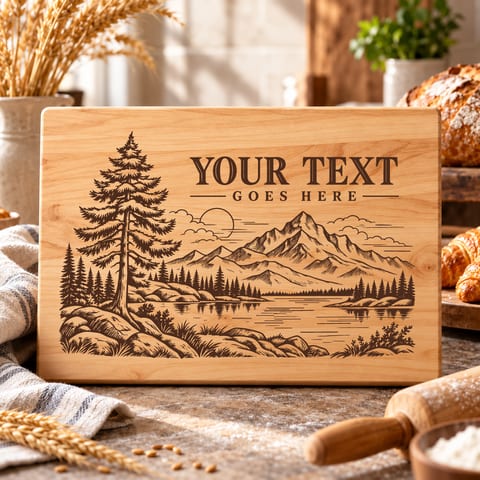 Vintage mountain scene cutting board SVG with scenic landscape artwork
