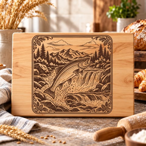 Trout waterfall cutting board SVG with vintage fishing landscape artwork