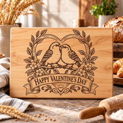 Valentine love birds cutting board SVG with romantic paired-bird artwork