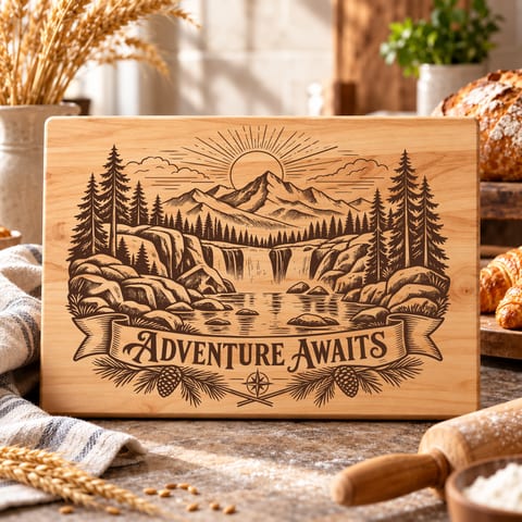 Adventure Awaits waterfall cutting board SVG with scenic nature artwork