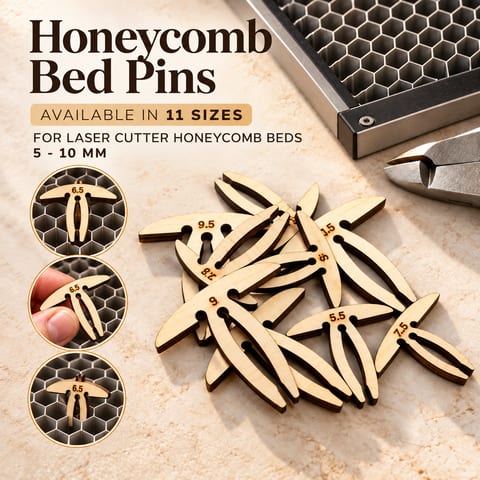 Laser cut wooden honeycomb bed cleaning pins in multiple sizes for laser cutter maintenance
