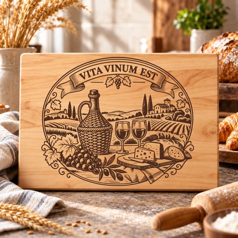 Tuscan vineyard wine cutting board SVG with vintage landscape artwork