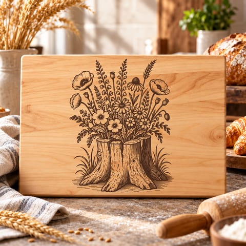 Wildflower tree stump charcuterie board SVG with rustic botanical artwork