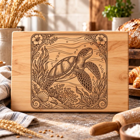 Sea turtle cutting board SVG with vintage coastal illustration