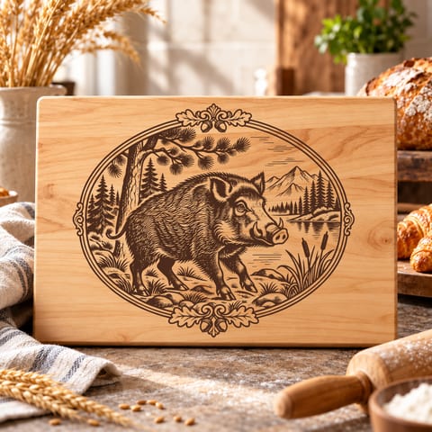 Wild boar cutting board SVG with vintage wildlife engraving style