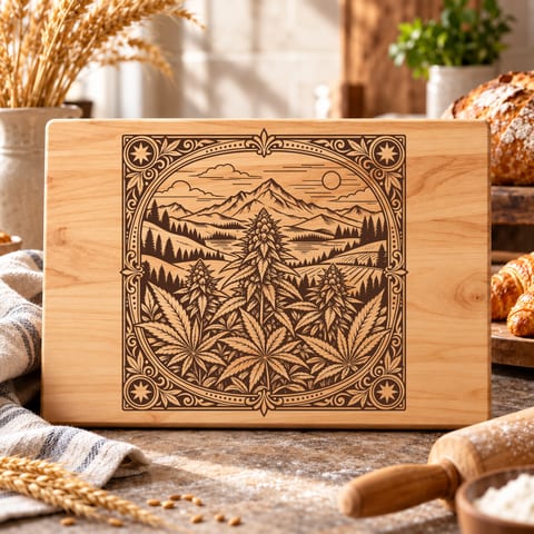 Hemp field cutting board SVG with vintage botanical illustration