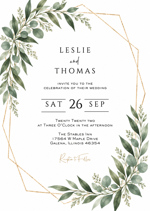 Watercolor greenery wedding invitation with eucalyptus leaves, a geometric gold frame, elegant black typography, and a modern botanical layout.