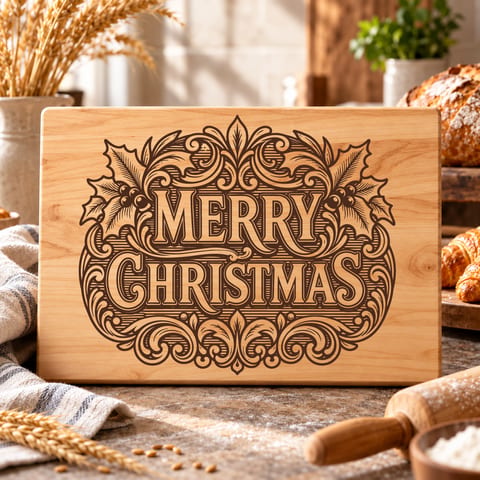 Merry Christmas calligraphy cutting board SVG with vintage holiday lettering