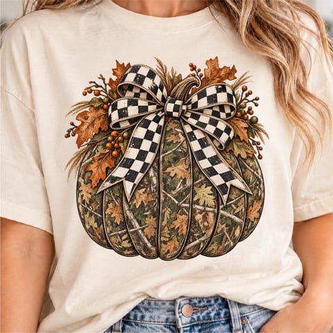 Camo pumpkin fall design with checkered bow and rustic hunting style