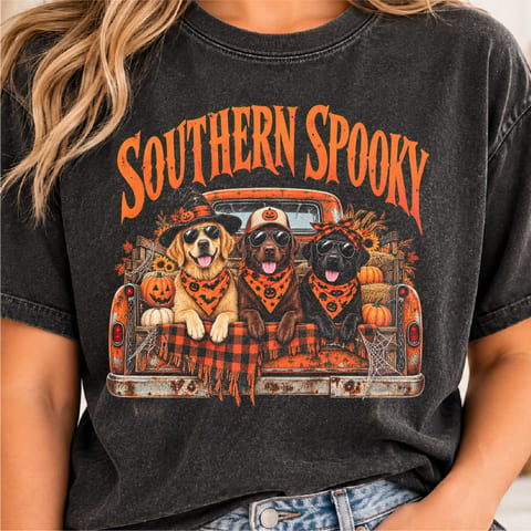 Southern spooky Labrador Halloween design with hunting dog and vintage truck style
