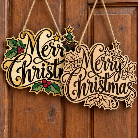 Painted and unpainted Merry Christmas holly script sign hanging side by side on a wooden door