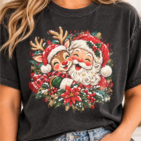 Santa and reindeer Christmas design with leopard brushstroke holiday style