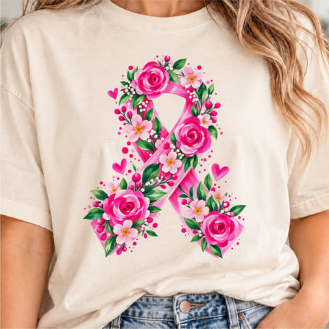 Pink ribbon breast cancer awareness design with floral watercolor accents