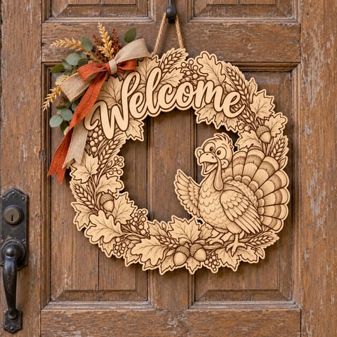 Unpainted wooden fall Welcome wreath with a cheerful turkey hanging on a front door