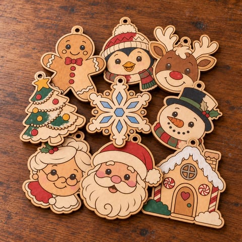 Nine painted Christmas ornaments including Santa, a snowman, a penguin and a gingerbread cottage
