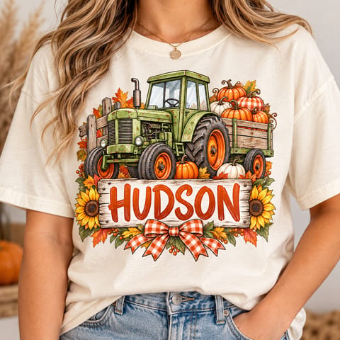 Watercolor tractor with pumpkins and a name patch in a fall pumpkin patch design for boys