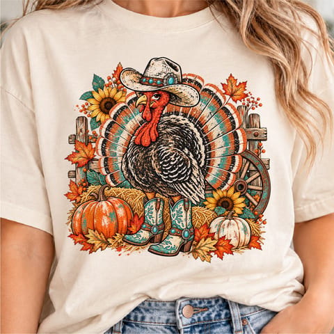 Western cowgirl turkey Thanksgiving design with striped rustic fall style
