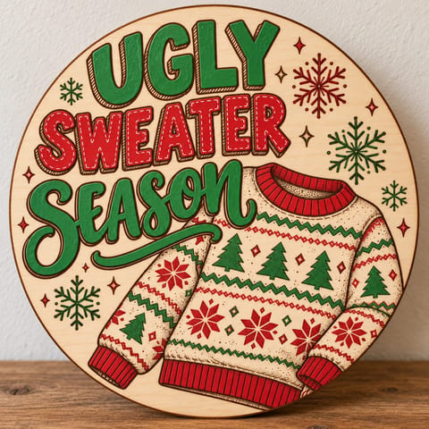 Painted round Ugly Sweater Season sign standing on a wooden table