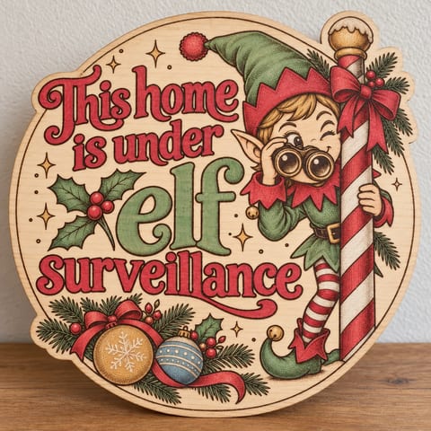 Painted round This Home Is Under Elf Surveillance sign standing on a wooden table
