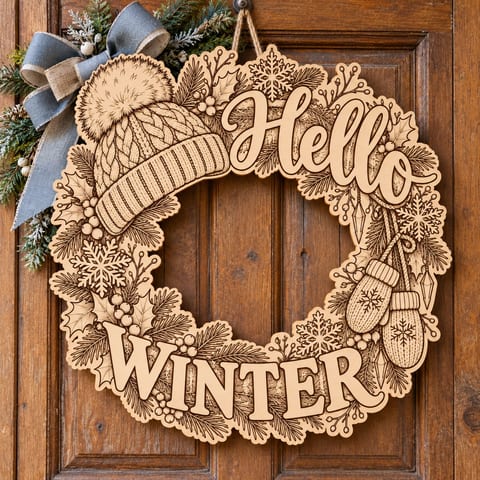 Unpainted wooden Hello Winter wreath with a knit hat and mittens hanging on a front door
