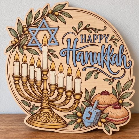 Painted round Happy Hanukkah sign with a menorah and dreidel standing on a wooden table