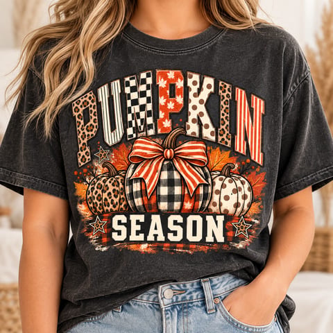 Distressed varsity pumpkin season lettering with neutral checkered and floral pumpkin details