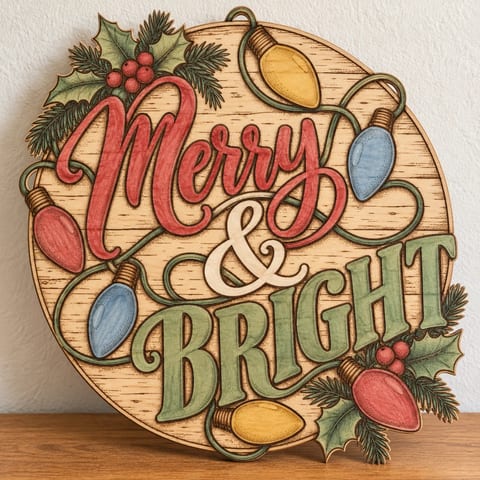 Painted round Merry and Bright sign with retro Christmas lights standing on a wooden table