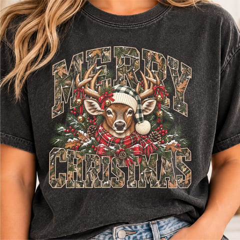 Merry Christmas deer design with camo country vintage holiday styling