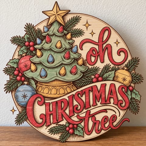 Painted round Oh Christmas Tree sign with a vintage ceramic tree standing on a wooden table