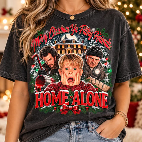 Retro Christmas movie-inspired holiday graphic with a surprised kid, snowy house, red lettering and festive greenery