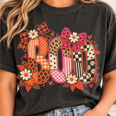 BOO patchwork Halloween design with leopard checkered and girly preppy style