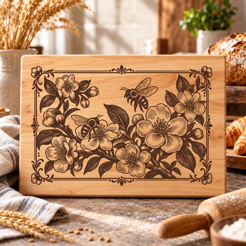 Honeybee with blossom flowers in a botanical cutting board design