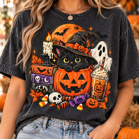 Black cat in a witch hat inside a jack-o'-lantern with a ghost, candle, spellbooks, candy corn and iced coffee