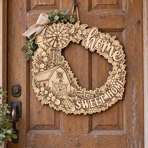 Unpainted wooden Home Sweet Home farmhouse wreath with a barn and windmill hanging on a front door