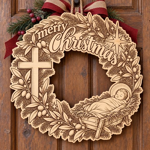 Unpainted wooden nativity Merry Christmas wreath with baby Jesus and a cross hanging on a front door