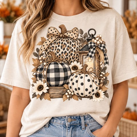 Leopard, buffalo plaid and polka dot pumpkins beside a candlelit lantern with sunflowers and bows in neutral tones