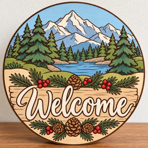 Painted round winter welcome sign with a mountain and pine tree scene standing on a wooden table