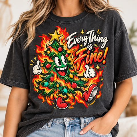 Everything Is Fine Christmas tree quote in funny vintage retro distressed holiday style