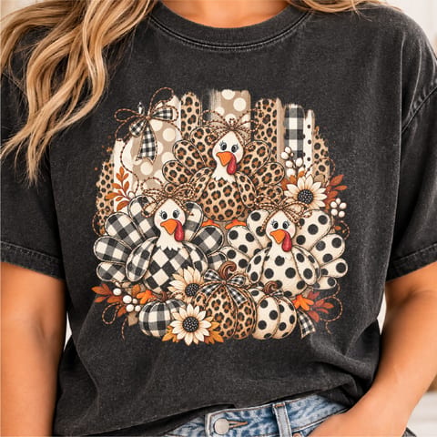 Neutral Thanksgiving turkey design with patchwork checkered and leopard fall style