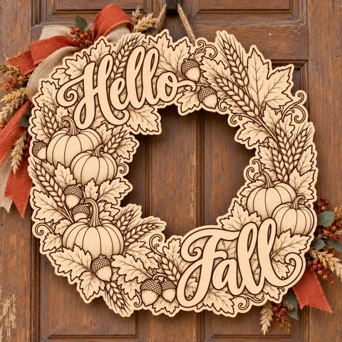 Unpainted wooden Hello Fall pumpkin and wheat wreath hanging on a front door