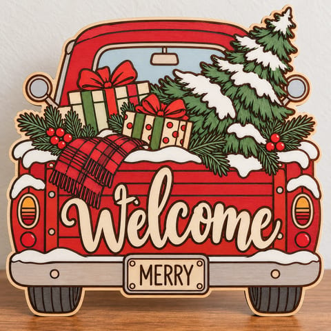 Painted red truck Christmas welcome door hanger standing on a wooden table
