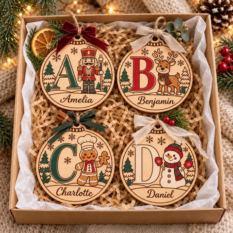 Four personalized alphabet Christmas ornaments, A to D, in a kraft gift box