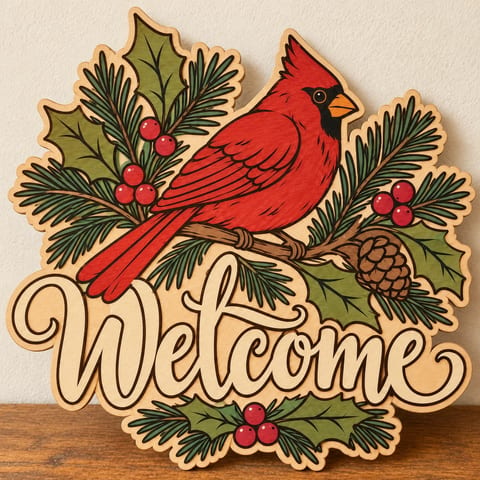 Painted cardinal winter welcome door hanger standing on a wooden table