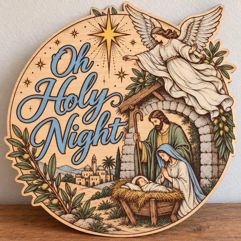 Painted round Oh Holy Night nativity sign with an angel and the Holy Family standing on a wooden table