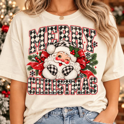 Winking retro Santa with checkered Merry Christmas lettering, a red glitter bow, holly and snowflakes