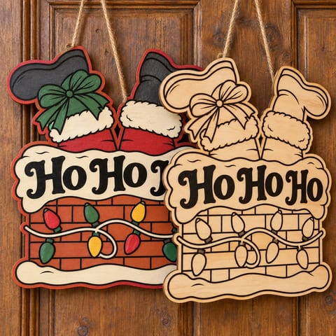Painted and unpainted Ho Ho Ho Santa chimney door hanger hanging side by side on a wooden door