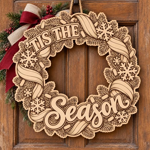 Unpainted wooden Tis the Season wreath with swirling ribbons and snowflakes hanging on a front door