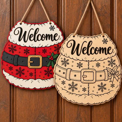 Painted and unpainted Santa belt welcome door hanger hanging side by side on a wooden door