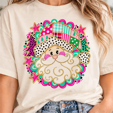 Patchwork Santa Christmas design with pink polka dot girly holiday style