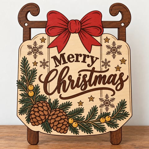 Painted Merry Christmas sled door hanger standing on a wooden table